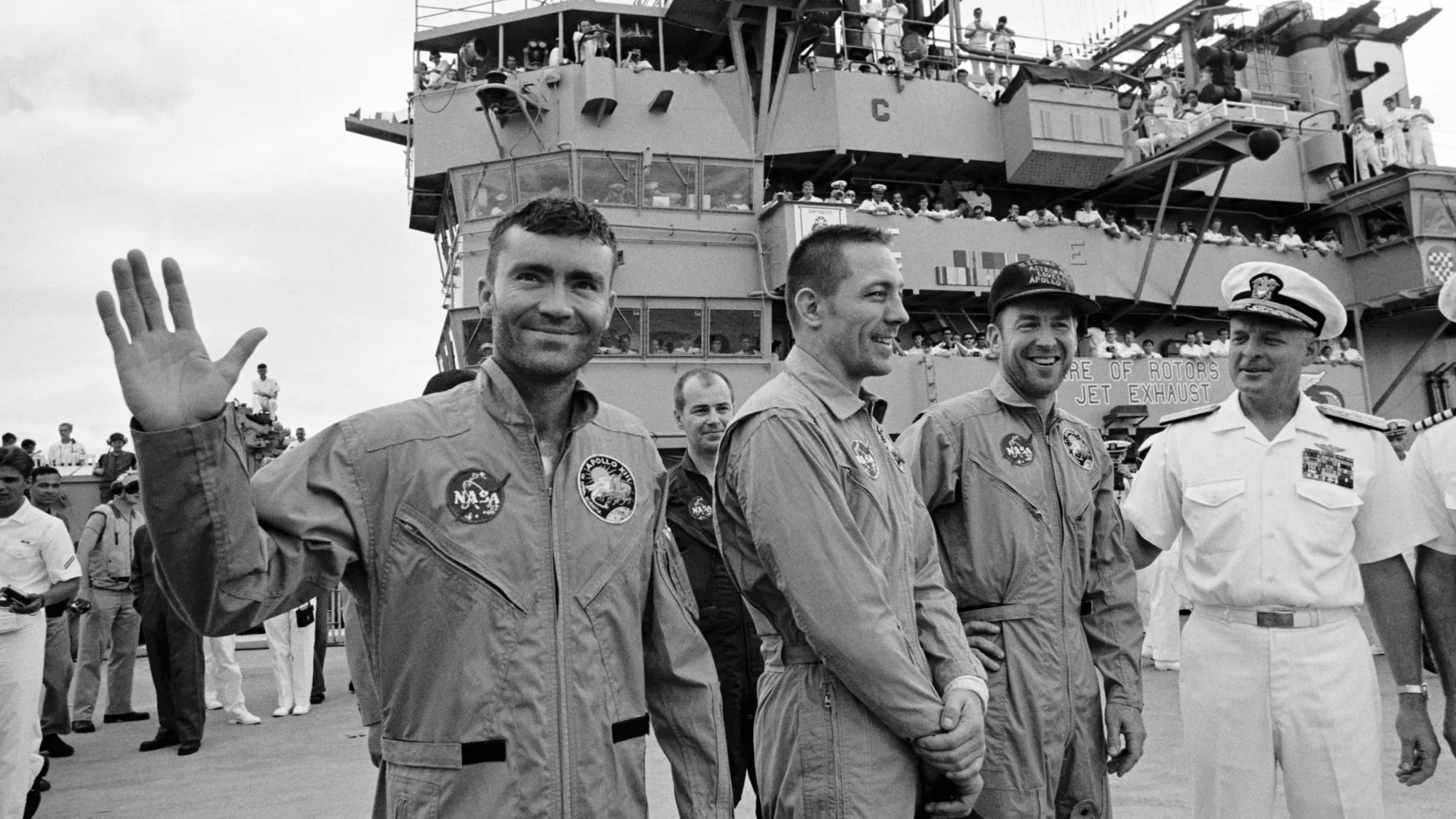 Apollo 13 Astronauts, Apollo 13 Astronauts: Fred W, Haise, Jr, John L, Swigert, Jr, And James A, Lovell, Jr, Stand On Board The Uss Iwo Jima With Rear Admiral Donald C, Davis, Commanding Officer, After Their Splashdown In The Pacific Ocean, April 17, 1970