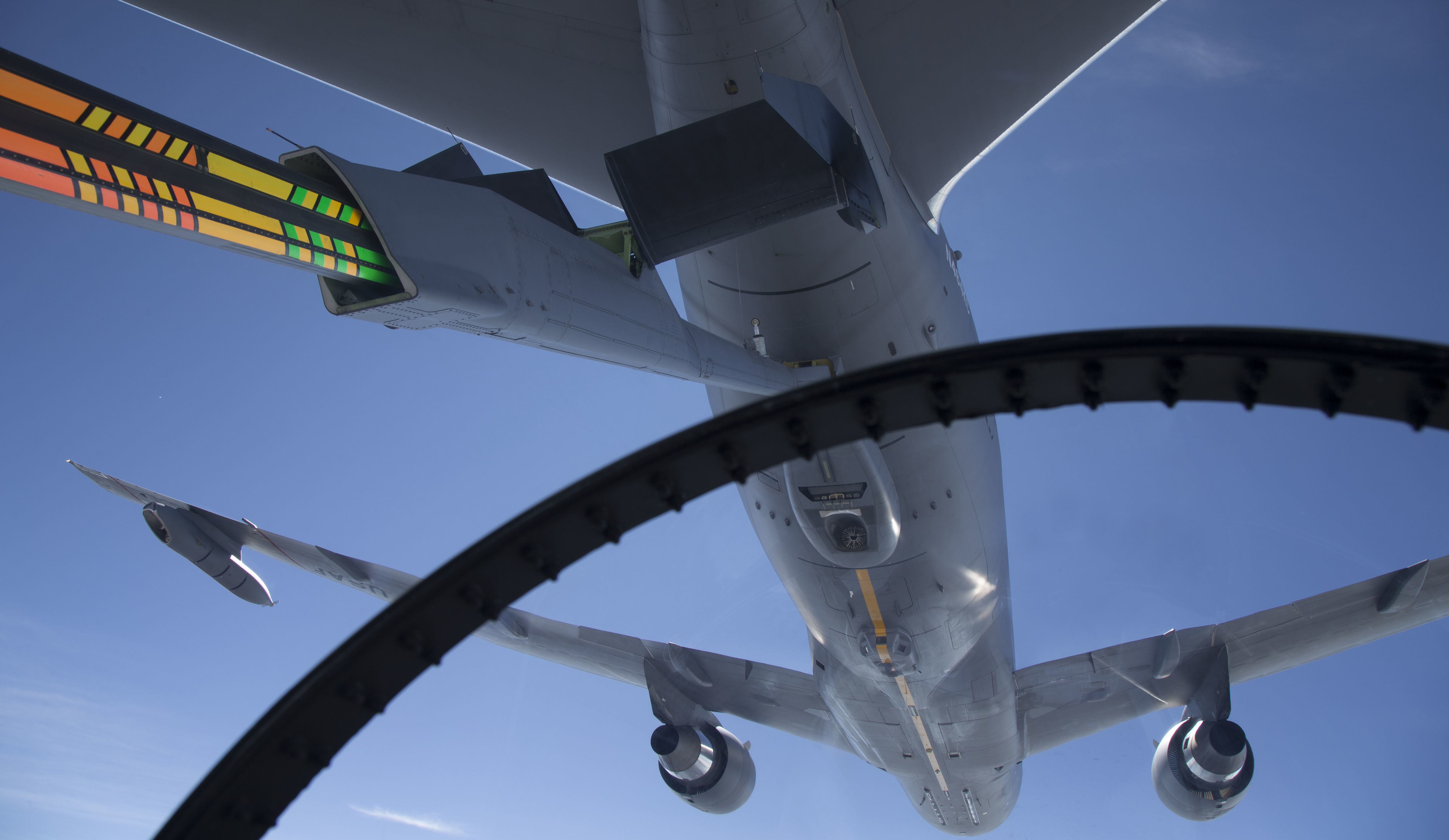 A KC-46A Pegasus aerial refueling aircraft connects with an F-15 Strike Eagle test aircraft from Eglin Air Force Base, Florida, on Oct. 29th, 2018. The 418th Flight Test Squadron is conducting refueling tests with the fighter at Edwards Air Force Base, California. Although Edwards has almost every aircraft in the Air Force's inventory for flight testing and system upgrades, the base does not have F-15s, so the 40th Flight Test Squadron from Eglin is assisting with the KC-46A refueling tests. The KC-46A Pegasus is intended to start replacing the Air Force's aging tanker fleet, which has been refueling aircraft for more than 50 years. With more refueling capacity and enhanced capabilities, improved efficiency and increased capabilities for cargo and aeromedical evacuation, the KC-46A will provide aerial refueling support to the Air Force, Navy, Marine Corps, and allied nation aircraft. (U.S. Air Force photo by Master Sgt Michael Jackson).