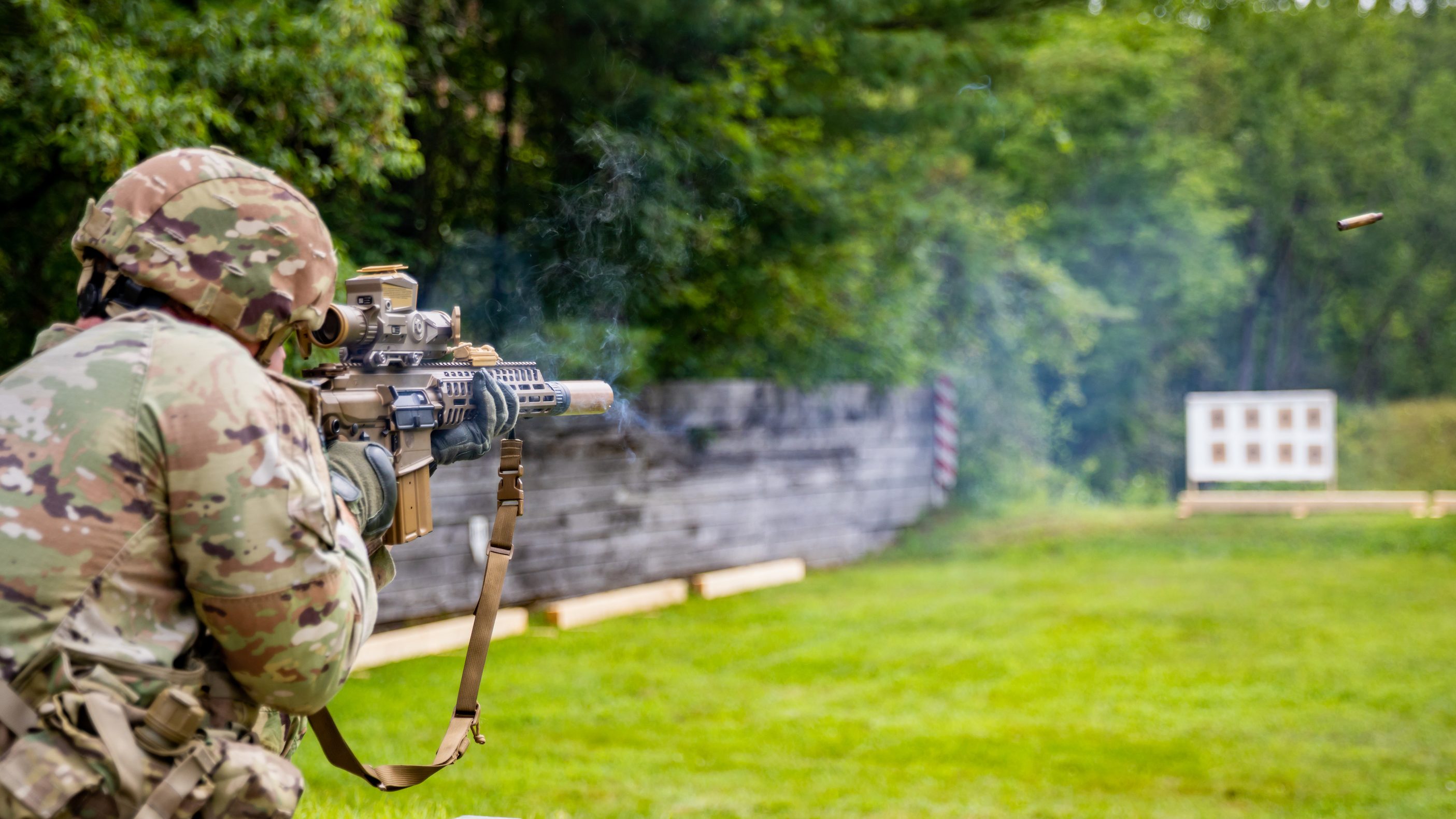 A U.S. Army Soldier fires a XM7 rifle during the 2024 Army National Guard Best Warrior Competition at the Army Mountain Warfare School, Jericho, Vermont, Aug. 6, 2024. The Army National Guard Best Warrior Competition is a five-day event composed of 14 competitors representing the regional winners; the competition tests Soldiers’ physical and mental prowess with a series of events with the overall winners receiving either Soldier of the Year or Non-commissioned Officer of the Year recognition. (U.S. Army National Guard photo by Sgt. Lianne M. Hirano)