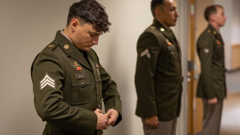 Sgt. Ryan Meglio fastens the belt on his Army Green Service Uniform before his squad board at the Best Squad Competition in August 2024, at Fort Leonard Wood, Missouri.