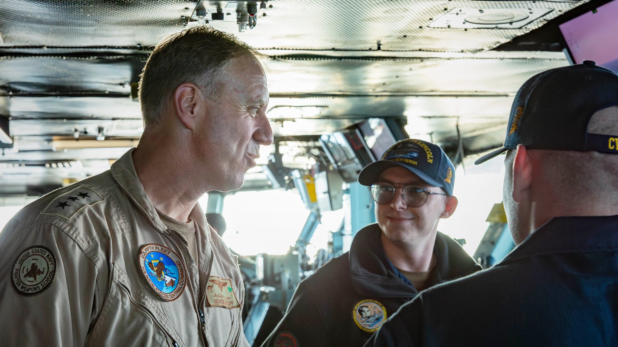241102-N-AB116-7104 U.S. CENTRAL COMMAND AREA OF RESPONSIBILITY (Nov. 2, 2024) Vice Adm. George Wikoff, commander, U.S. Naval Forces Central Command and U.S. 5th Fleet, speaks to Sailors while touring the Nimitz-class aircraft carrier USS Abraham Lincoln (CVN 72). (Official U.S. Navy photo)