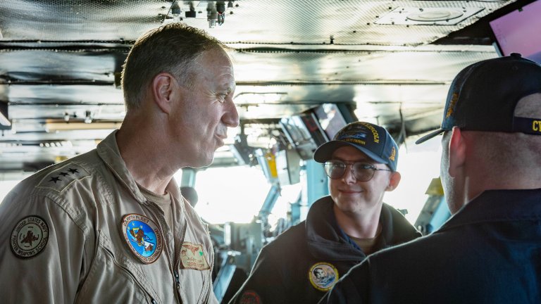 241102-N-AB116-7104 U.S. CENTRAL COMMAND AREA OF RESPONSIBILITY (Nov. 2, 2024) Vice Adm. George Wikoff, commander, U.S. Naval Forces Central Command and U.S. 5th Fleet, speaks to Sailors while touring the Nimitz-class aircraft carrier USS Abraham Lincoln (CVN 72). (Official U.S. Navy photo)