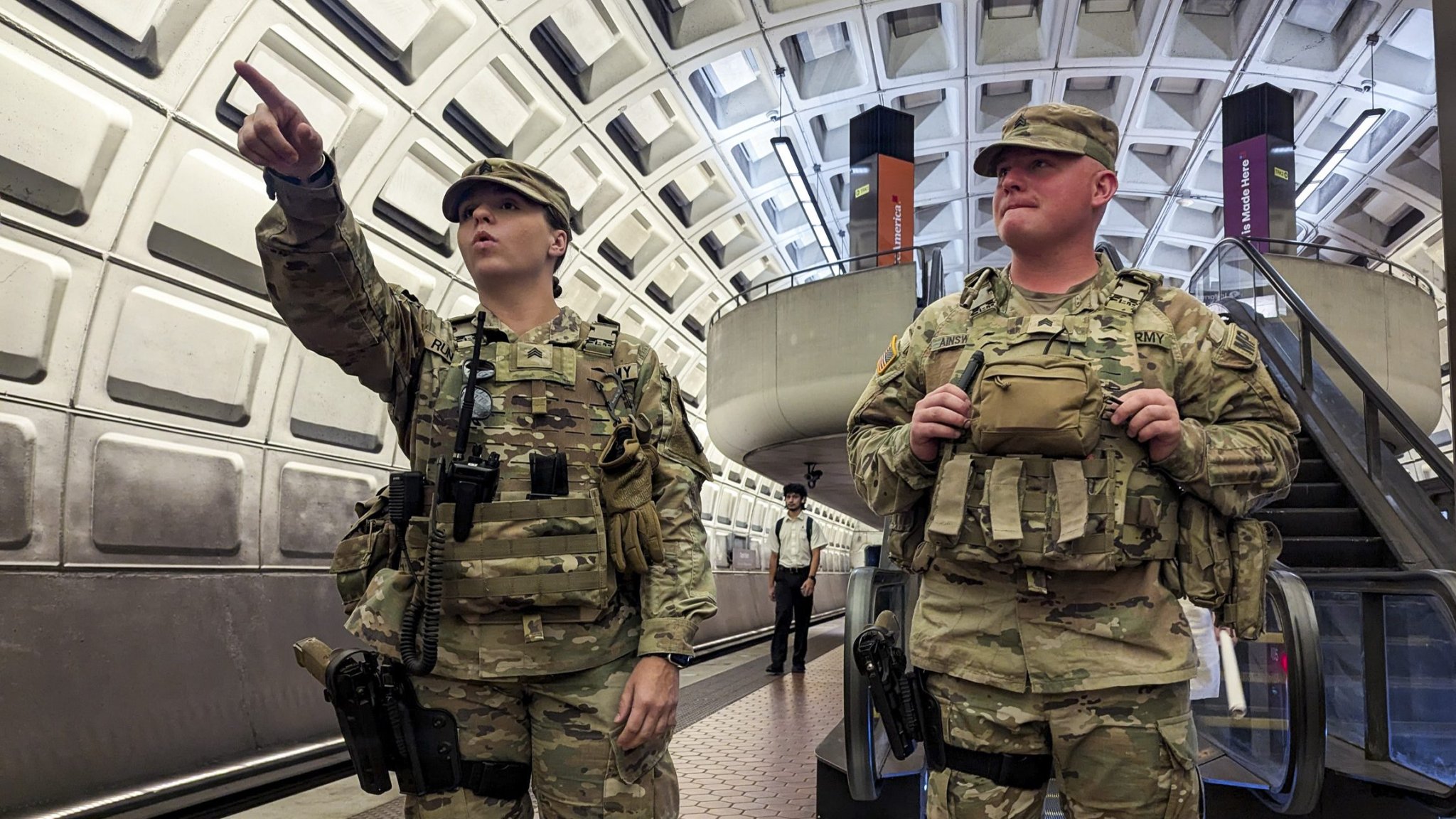 U.S. Soldiers with the 112th Military Police Battalion, Mississippi Army National Guard, patrol the Washington Metro in Washington, D.C., Aug. 30, 2025. About 2,300 National Guard members are supporting the D.C. Safe and Beautiful Task Force providing critical support to the D.C. Metropolitan Police Department in ensuring the safety of all who live, work and visit the District. (U.S. Army National Guard photo by Sgt. 1st Class Renee Seruntine)