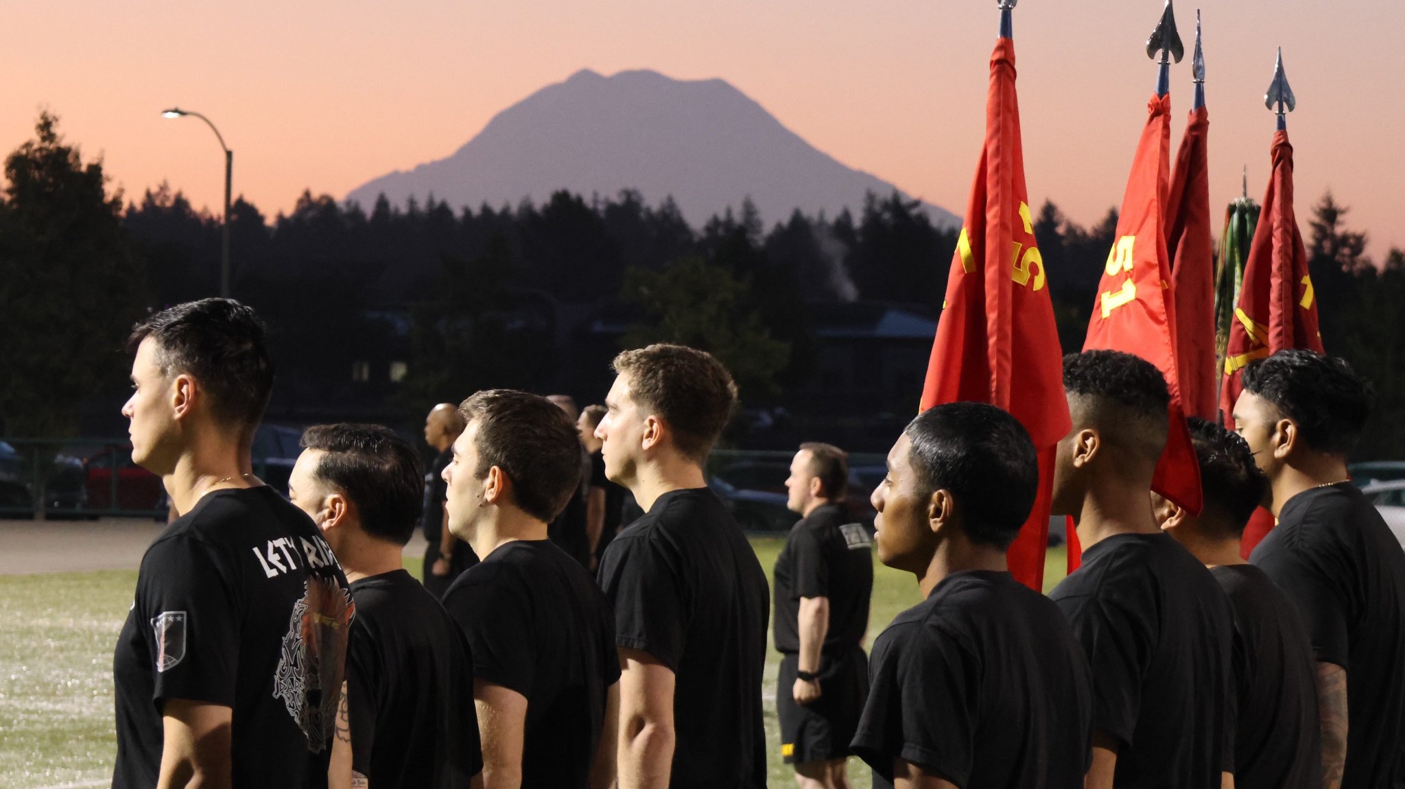 Soldiers assigned to the 1st Multi-Domain Task Force, stand in formation waiting to start a run in celebration of the task forces' fifth anniversary at Joint Base Lewis-McChord, Wash., Sept. 22, 2025. (U.S. Army photo by Maj. Ian Sandall)
