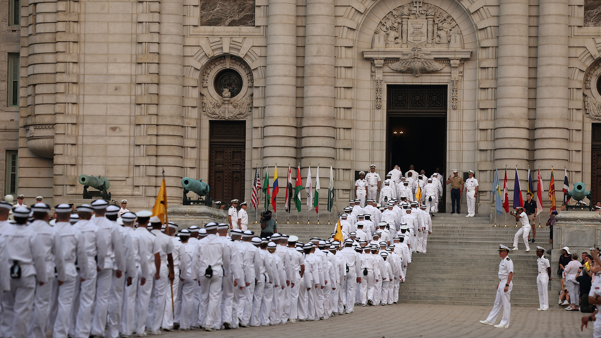 ANNAPOLIS, MARYLAND - JUNE 29: Incoming plebes (freshmen) march into Bancroft Hall after taking part in their Oath of Office Ceremony during Induction Day at the U.S. Naval Academy on June 29, 2023 in Annapolis, Maryland. Approximately 1,200 midshipmen with the Naval Academy's Class of 2027 took part in Induction Day which is their first official day of Plebe Summer and their transition from civilians into fourth-class midshipmen. (Photo by Kevin Dietsch/Getty Images)