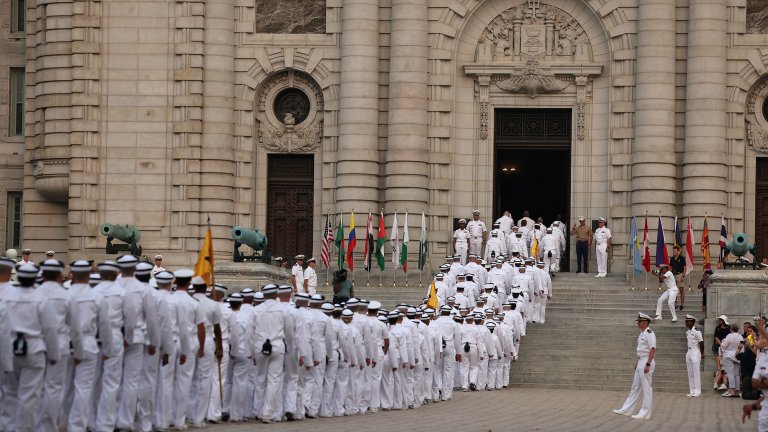 ANNAPOLIS, MARYLAND - JUNE 29: Incoming plebes (freshmen) march into Bancroft Hall after taking part in their Oath of Office Ceremony during Induction Day at the U.S. Naval Academy on June 29, 2023 in Annapolis, Maryland. Approximately 1,200 midshipmen with the Naval Academy's Class of 2027 took part in Induction Day which is their first official day of Plebe Summer and their transition from civilians into fourth-class midshipmen. (Photo by Kevin Dietsch/Getty Images)