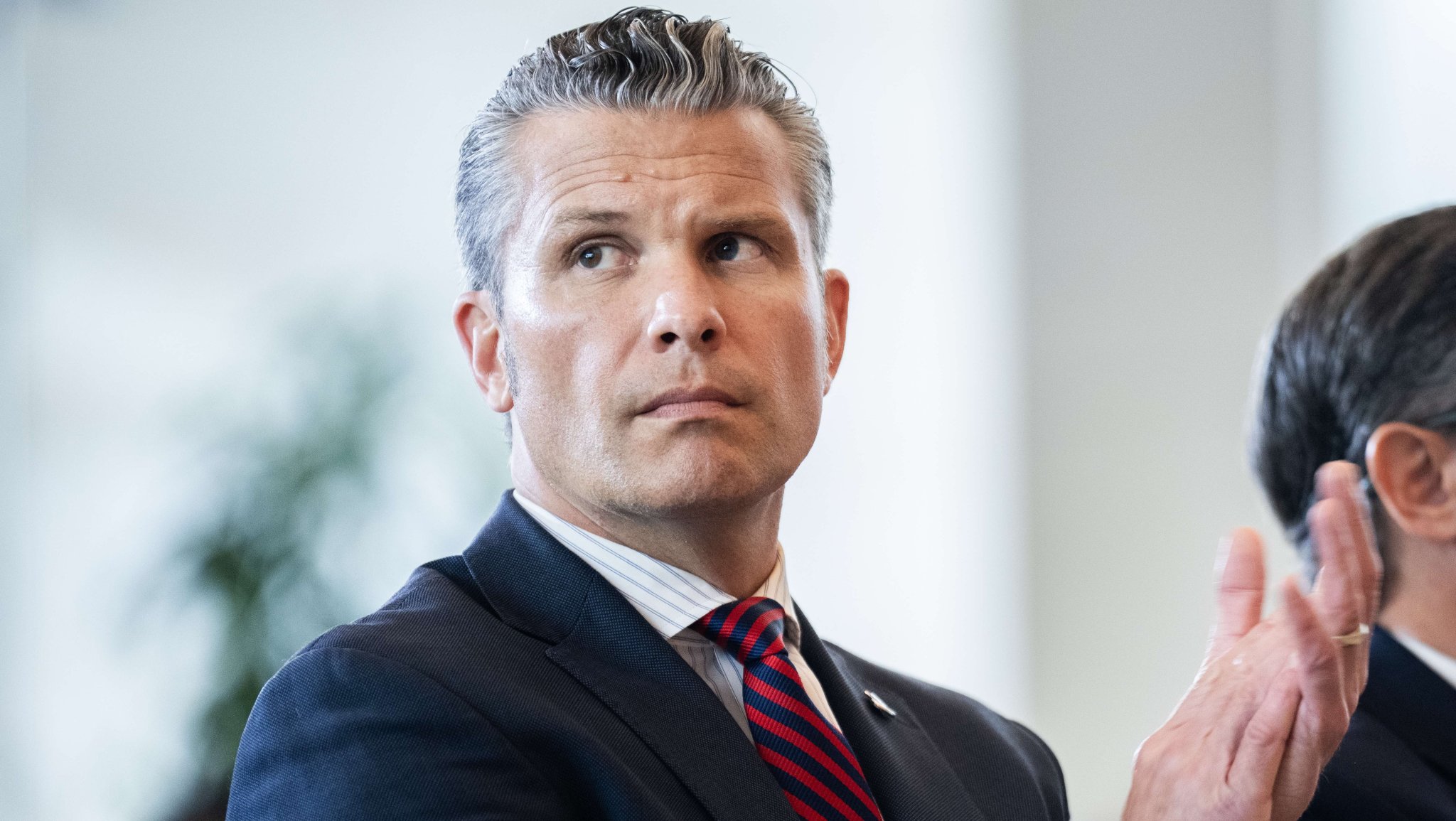 UNITED STATES - SEPTEMBER 3: Defense Secretary Pete Hegseth, left, and Speaker of the House Mike Johnson, R-La., attend a Congressional Gold Medal ceremony honoring the Harlem Hellfighters of World War I, in Emancipation Hall on Wednesday, September 3, 2025. (Tom Williams/CQ-Roll Call, Inc via Getty Images)