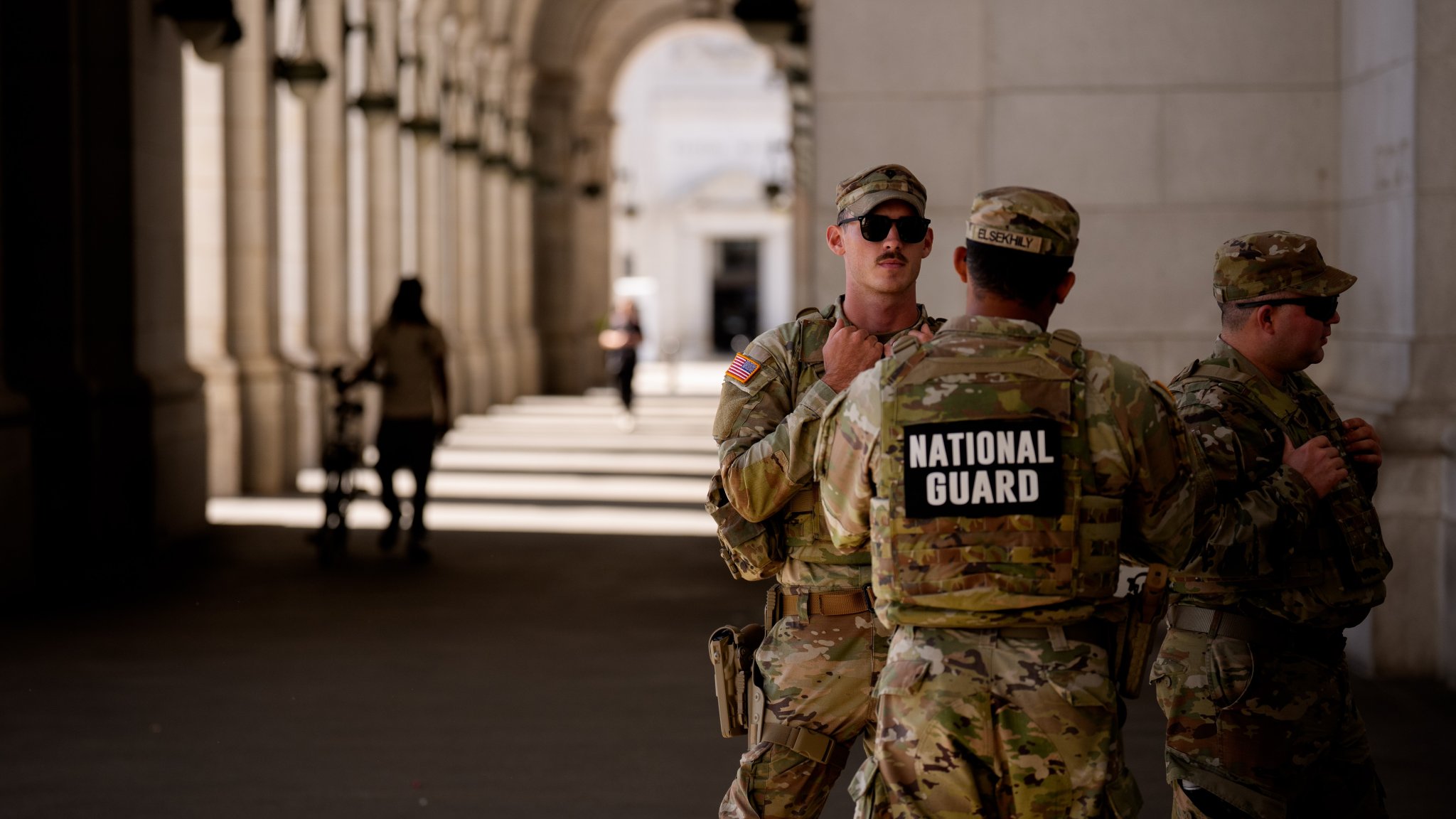 WASHINGTON, DC - SEPTEMBER 8: Members of the National Guard stand outside Union Station on September 8, 2025 in Washington, DC. Congress is not expected to extend the Trump administration's federal control of the DC Metropolitan Police Department which is set to expire September 10th. (Photo by Andrew Harnik/Getty Images)