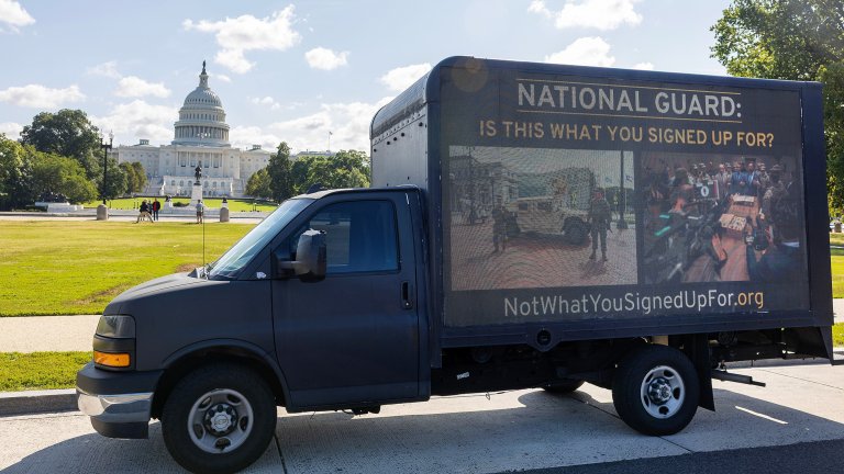 WASHINGTON, DC - SEPTEMBER 09: Win without War Mobile Billboard drives near the US Capitol on September 09, 2025 in Washington, DC. (Photo by Tasos Katopodis/Getty Images for Win Without War)