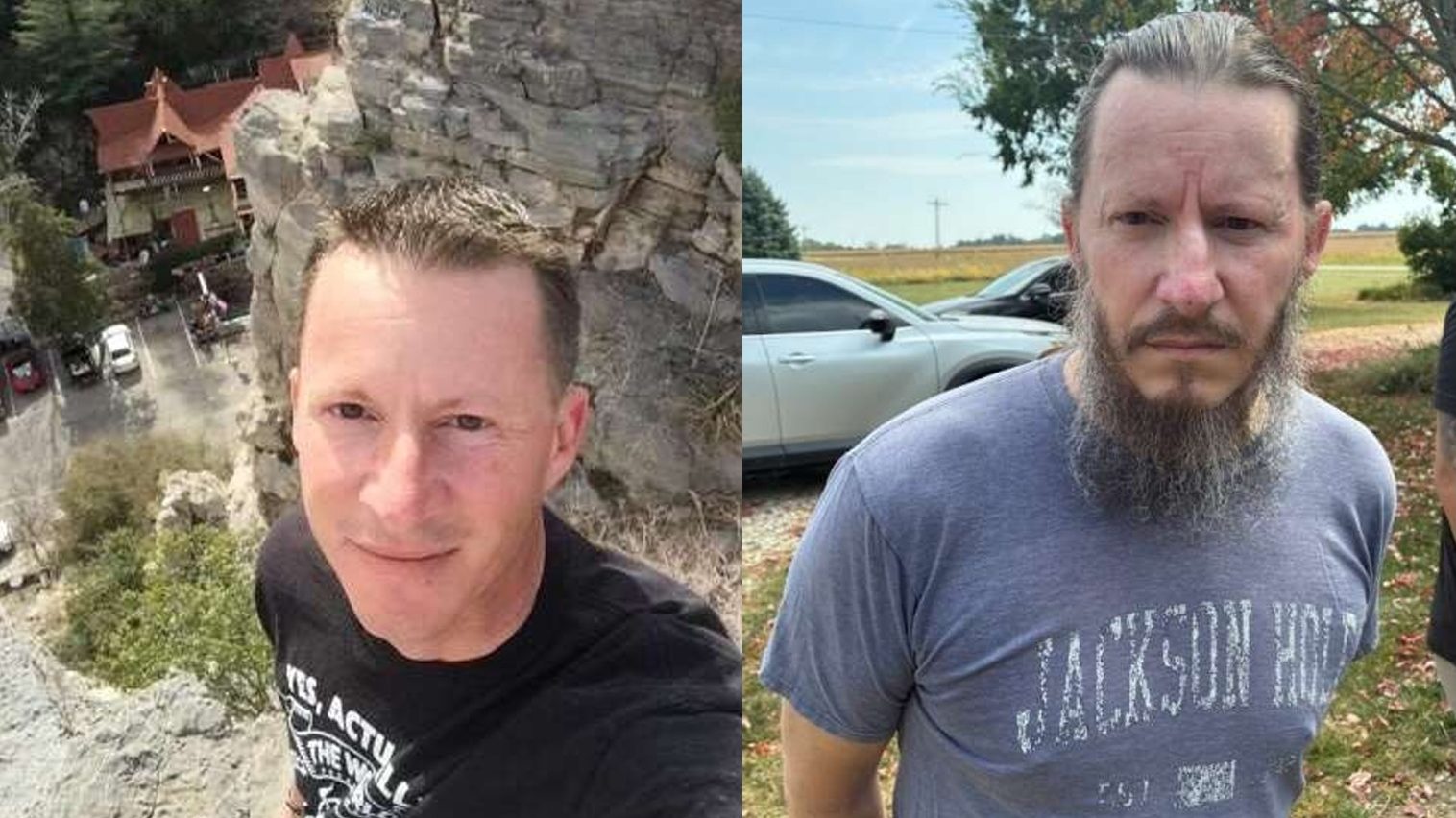 Christopher Wilkinson, a former Army captain, was captured after almost five years on the run. (Left) Before his arrest. (Right) After his arrest.