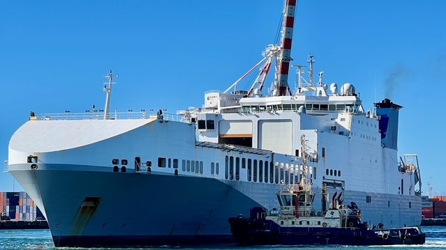 The MV Ocean Trader, a merchant ship outfitted for U.S. special operations, including addition of a helicopter hanger and extensive communication equipment over its bridge, in Fremantle, Australia in 2022.