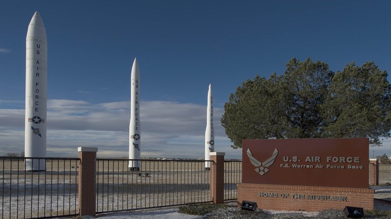 Missiles on display at the entrance to F.E. Warren Air Force Base in Wyoming.