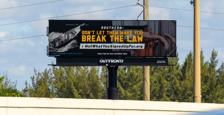 New billboards were put up on expressways leading to U.S. Southern Command in Doral, Florida, where the U.S. military’s ongoing operations in the Caribbean Sea are being overseen.