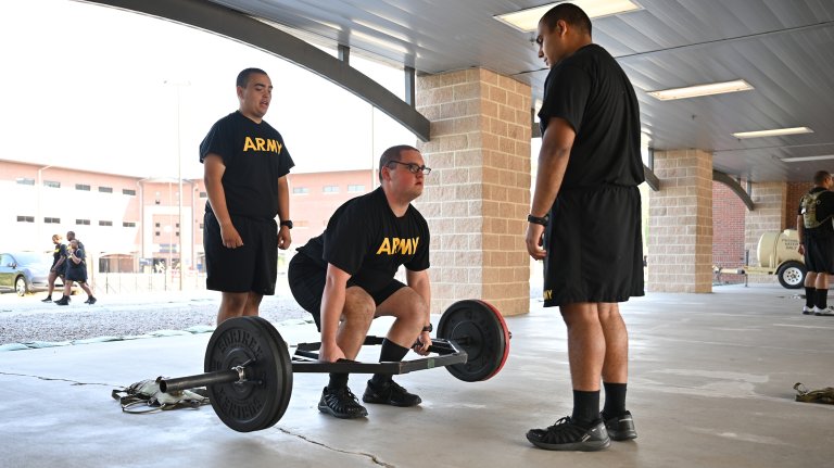 A student in the fitness track of the U.S. Army’s Future Soldier Preparatory Course works on deadlifts during a training session. The fitness track of the course educates students on the Army’s Holistic Health and Fitness System to help them lose body fat in order to meet the Army’s enlistment standards.