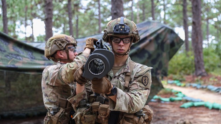Spc. Mason Breunig of Sauk City, Wisconsin, member of Team 8 representing USARPAC, practices a functions check on the M136 AT4-Anti Tank Weapon during the E3B lanes at the Army Best Squad Competition on Fort Liberty, North Carolina, Oct. 2, 2024. (U.S. Army National Guard photo by Sgt. 1st Class Jason Everett)