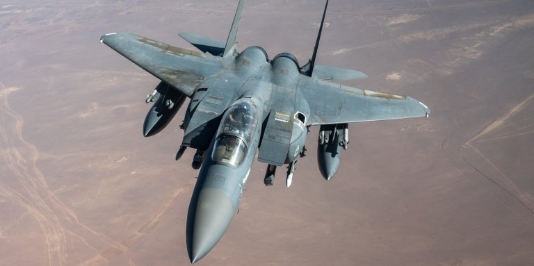 A U.S. Air Force F-15E Strike Eagle conducts combat patrols over the U.S. Central Command (CENTCOM) area of responsibility Oct. 19, 2024. The F-15E is an all-weather, extremely maneuverable, tactical fighter designed to allow the Air Force to gain and maintain air supremacy over the CENTCOM area of responsibility and provide security to ground forces conducting counter-violent extremist operations. (U.S. Air Force photo by Senior Airman Zachary Willis)
