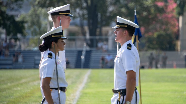 ANNAPOLIS, Md. (Jul. 25, 2025) Midshipmen 4th Class, or plebes, from the United States Naval Academy class of 2029 participate in the second formal parade during Plebe Summer, a demanding indoctrination period intended to transition the candidates from civilian to military life. Parades are a visual presentation of the military discipline, professionalism and teamwork necessary to succeed as a member of the U.S. Navy and Marine Corps, and have been a part of Naval Academy training since its establishment in 1845. (U.S. Navy photo by Stacy Godfrey)