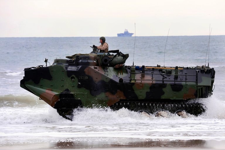 Marines drive amphibious assault vehicles along the shore during an amphibious assault exercise as part of Bold Alligator 2012 at Camp Lejeune, N.C., on Feb. 6, 2012. (DoD photo by Marvin Lynchard, U.S. Marine Corps. (Released))