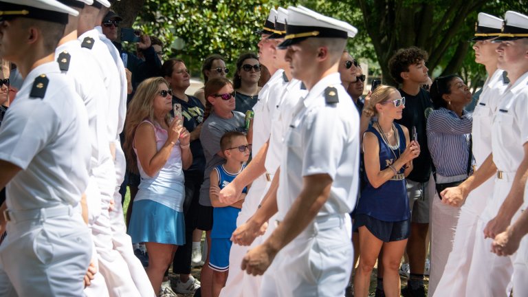 ANNAPOLIS, Md. (Aug. 8, 2025) Midshipmen 4th Class, or plebes, from the United States Naval Academy class of 2029 participate in noon meal formation in T-Court. Afterwards they are given the opportunity to meet with their families during Plebe Parents Weekend, a time for the families of the incoming class to see the progress made during Plebe Summer, a demanding indoctrination period intended to transition the candidates from civilian to military life. As the undergraduate college of our country’s naval service, the Naval Academy prepares young men and women to become professional officers of competence, character, and compassion in the U.S. Navy and Marine Corps. (U.S. Navy photo by Stacy Godfrey)