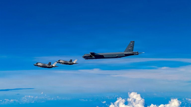 A U.S. Air Force B-52H Stratofortress bomber with two U.S. Marine Corps F-35B Lightning II aircraft in the U.S. Southern Command area of responsibility, Oct. 15, 2025.
