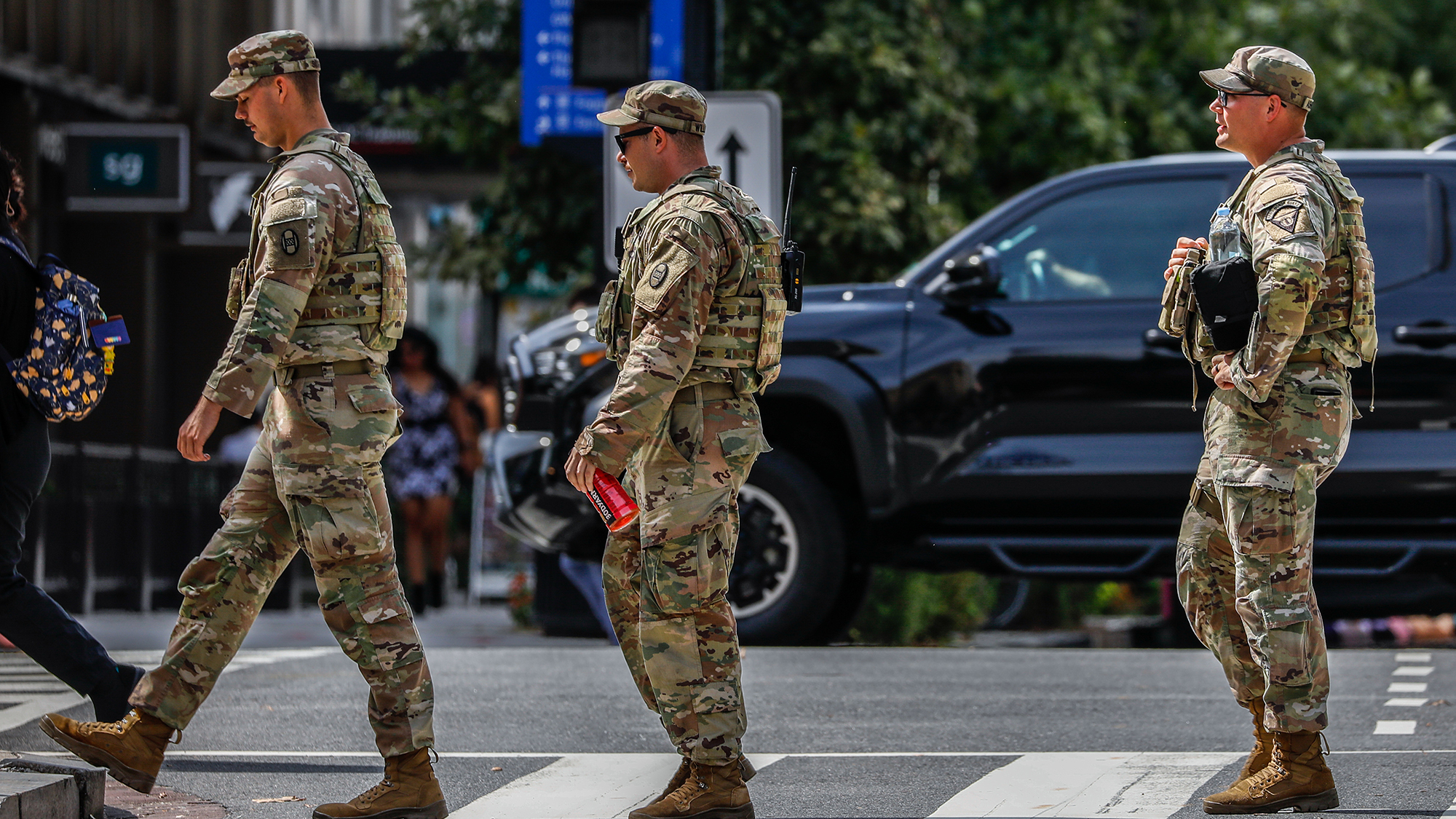 WASHINGTON D.C., USA - SEPTEMBER 15: National Guard troops patrol around the Farragut west metro station as part of heightened security measures in Washington, D.C., United States, on September 15, 2025. (Photo by Yasin Ozturk/Anadolu via Getty Images)