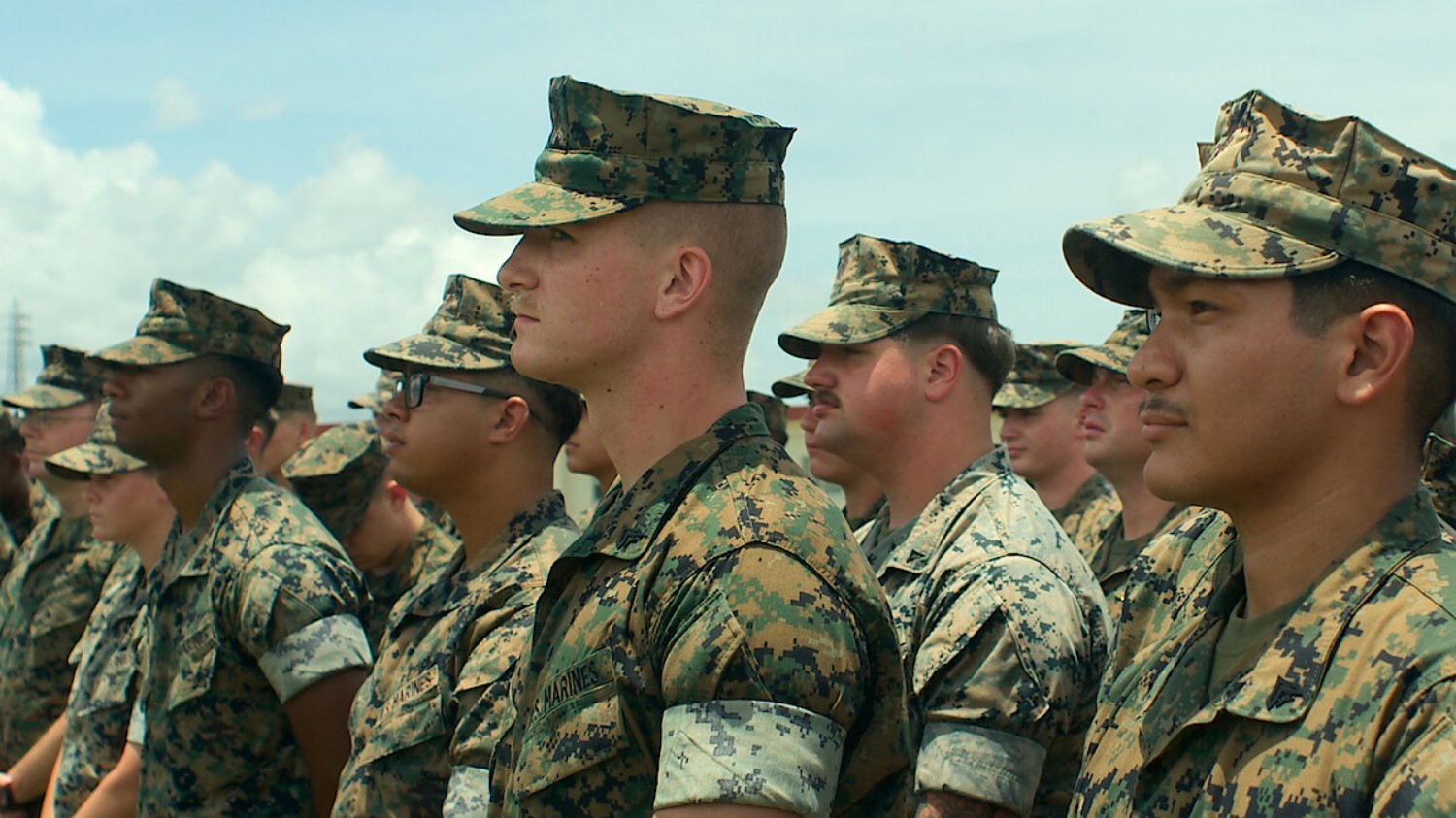 Marines stand at attention in a still from the new documentary series 'Marines.'