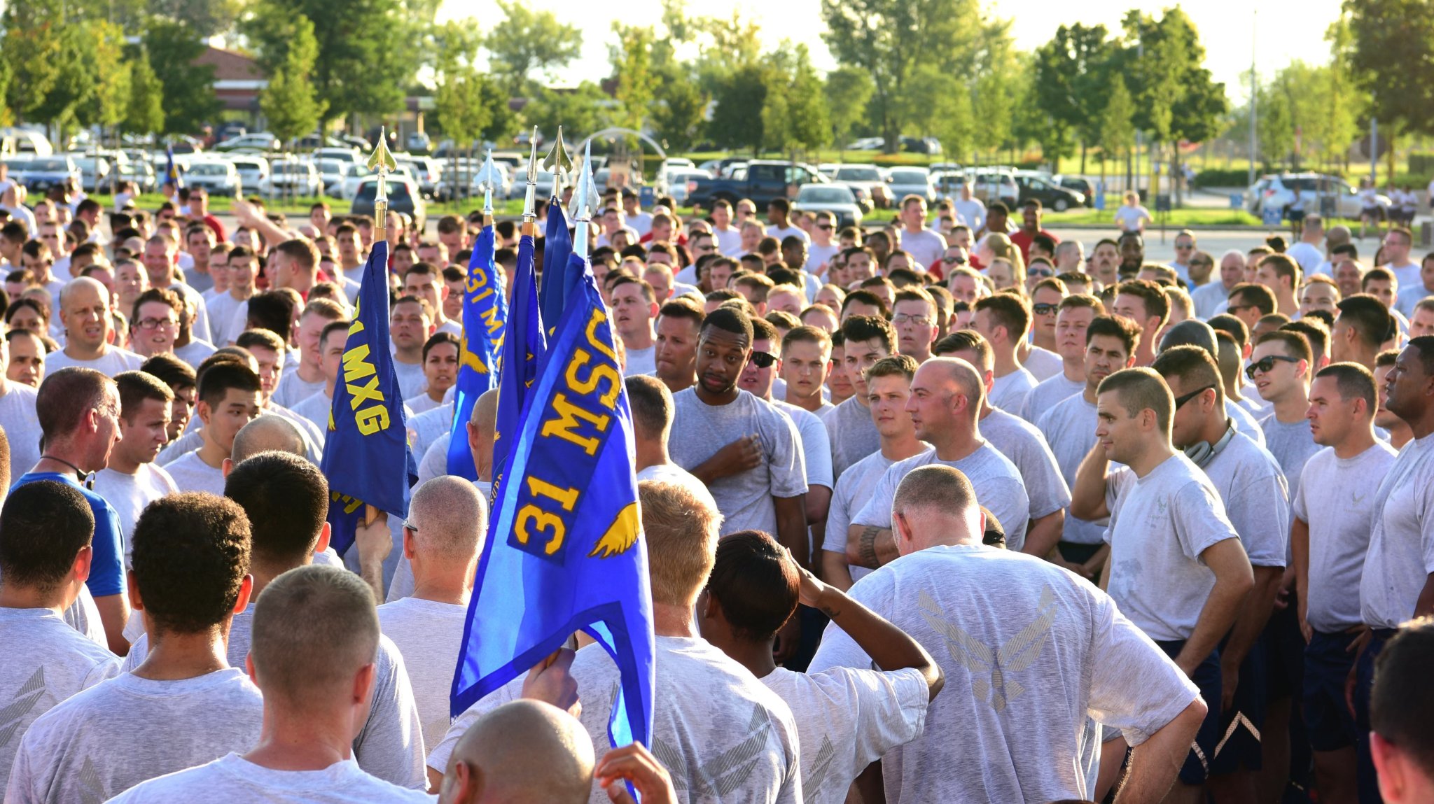 Airmen at Aviano Air Base, Italy gather together to run in formation on Aug. 15, 2019. The 31st Fighter Wing conducts formation runs to develop esprit de corps. (U.S. Air Force photo by Senior Airman Heidi Goodsell)