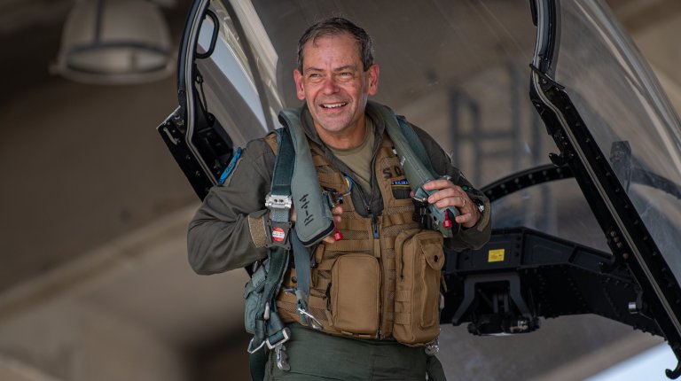 Gen. Ken Wilsbach, Pacific Air Forces commander, returns from a flight at Kadena Air Base, Japan, April 17, 2023. Wilsbach attended the Kadena Eagle Sunset Celebration this past weekend and flew with the 18th Wing to bid the F15C/D models farewell. (U.S. Air Force photo by Senior Airman Sebastian Romawac)