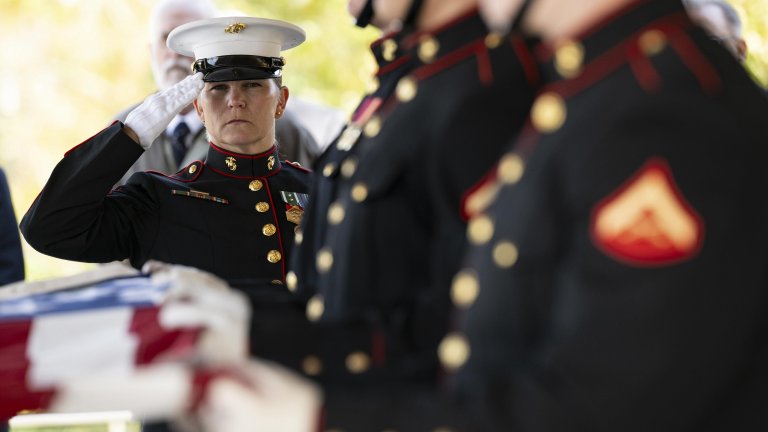 Marines conduct full military funeral honors with escort for U.S. Marine Corps Lt. Col. Harlan Chapman at Arlington National Cemetery, Arlington, Virginia, Monday, Oct. 20, 2025.