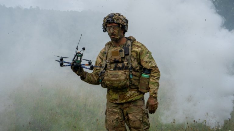 Staff Sgt. Kristopher Garbea, with the unmanned aerial system Platoon, 1st Squadron, 2nd Cavalry Regiment, prepares a reconnaissance drone for flight during Saber Junction 25 (SJ25) at the Joint Multinational Readiness Training Center at Hohenfels, Germany Sept. 9, 2025. Soldiers within the unit developed Purpose Built Attritable System drones to use against simulated enemy forces at SJ25. This exercise ensures that the 2nd Cavalry Regiment and allied forces are prepared to act decisively in response to emerging threats, crises, or opportunities. (U.S. Army photo by Capt. Shenicquia Fulton)