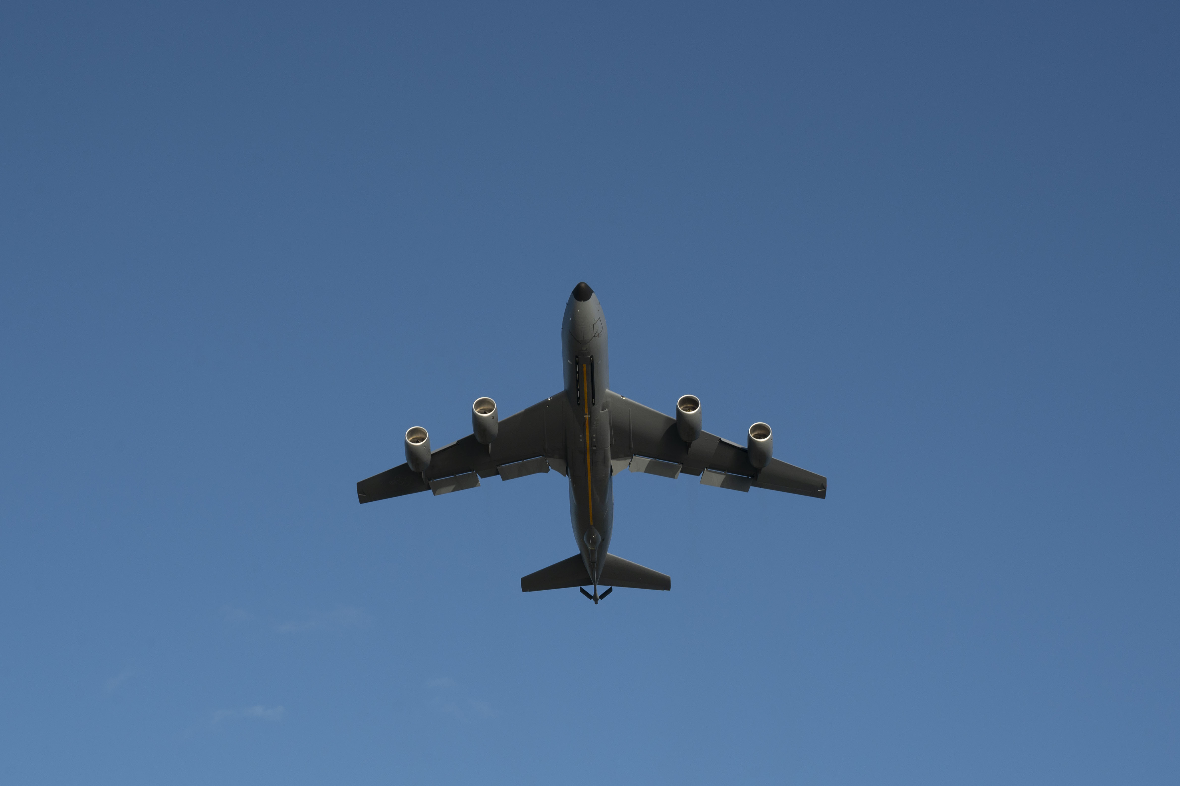 A U.S. Air Force KC-135 Stratotanker aircraft takes off from Diego Garcia, British Indian Ocean Territory, April 19, 2025. Six B-2s and approximately 250 personnel deployed from Whiteman Air Force Base, Missouri as the 393d Expeditionary Bomb Squadron to conduct combat missions from Diego Garcia, British Indian Ocean Territory. The B-2s were supported by KC-135 Stratotanker aircraft and personnel assigned to the 92nd Air Refueling Wing from Fairchild AFB, Washington. (U.S. Air Force photo by Tech. Sgt. Anthony Hetlage)