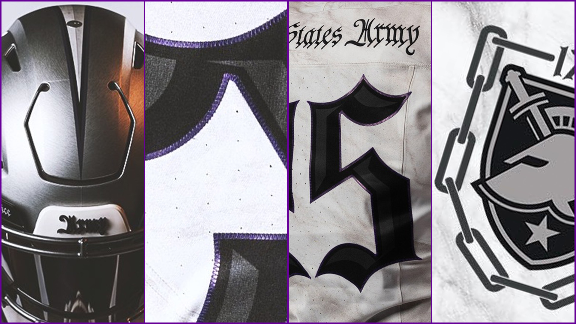 Continental Army 'Easter eggs' in West Point's 2025 Army-Navy football uniform, from left: the Drum and Fife espontoon depicted on the helmet; purple stitching symbolic of the Purple Heart, first awarded to Continental Army soldiers; typeface taken from the U.S. Constitution; a chain logo, emblematic of the 75-ton chain used to blockade the Hudson River.