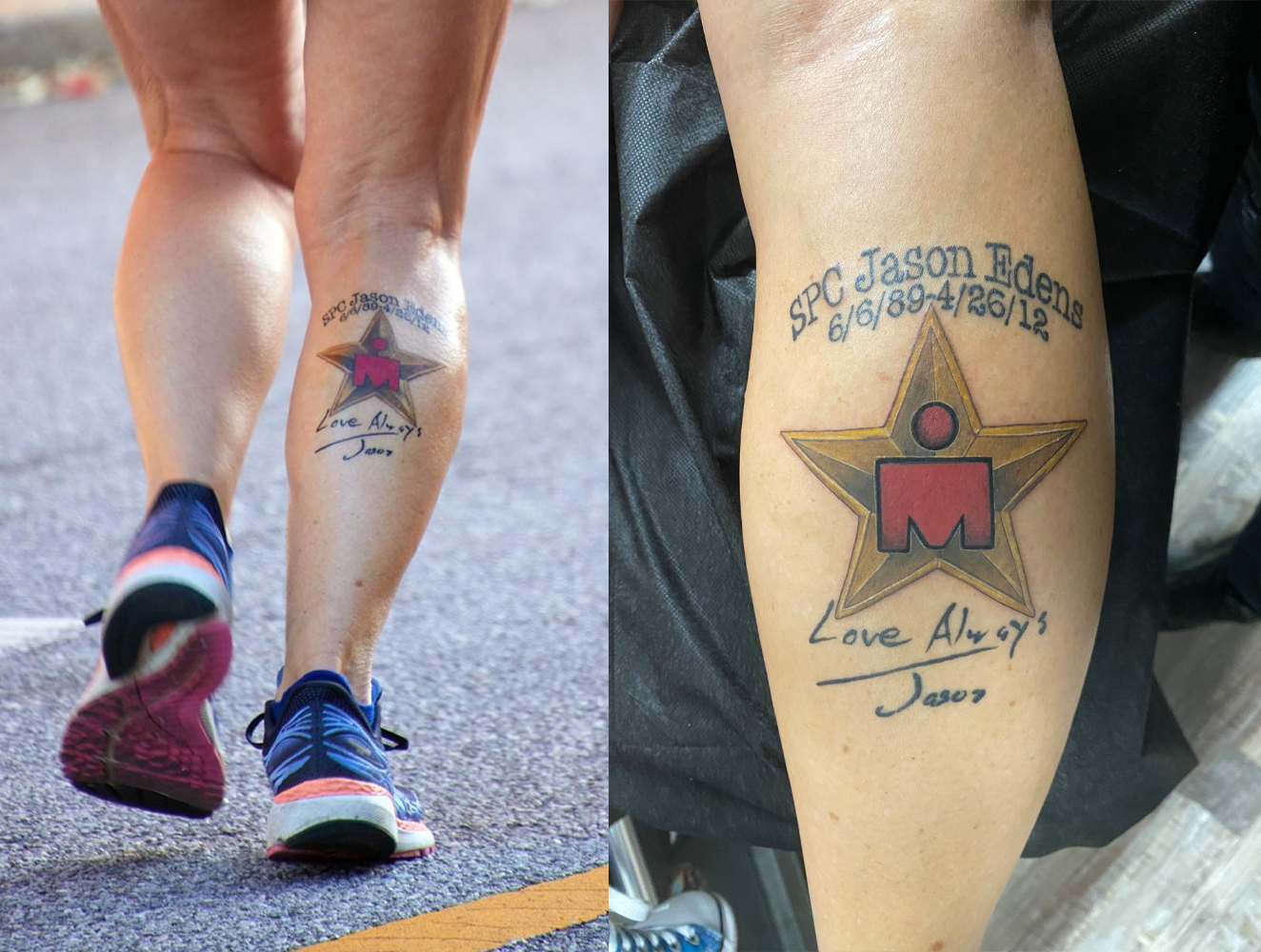 Janet Crane ran an Ironman Marathon in tribute to her son, Sp. Jason Edens, and got a tattoo that combines a Gold Star and the race logo to memorialize it.