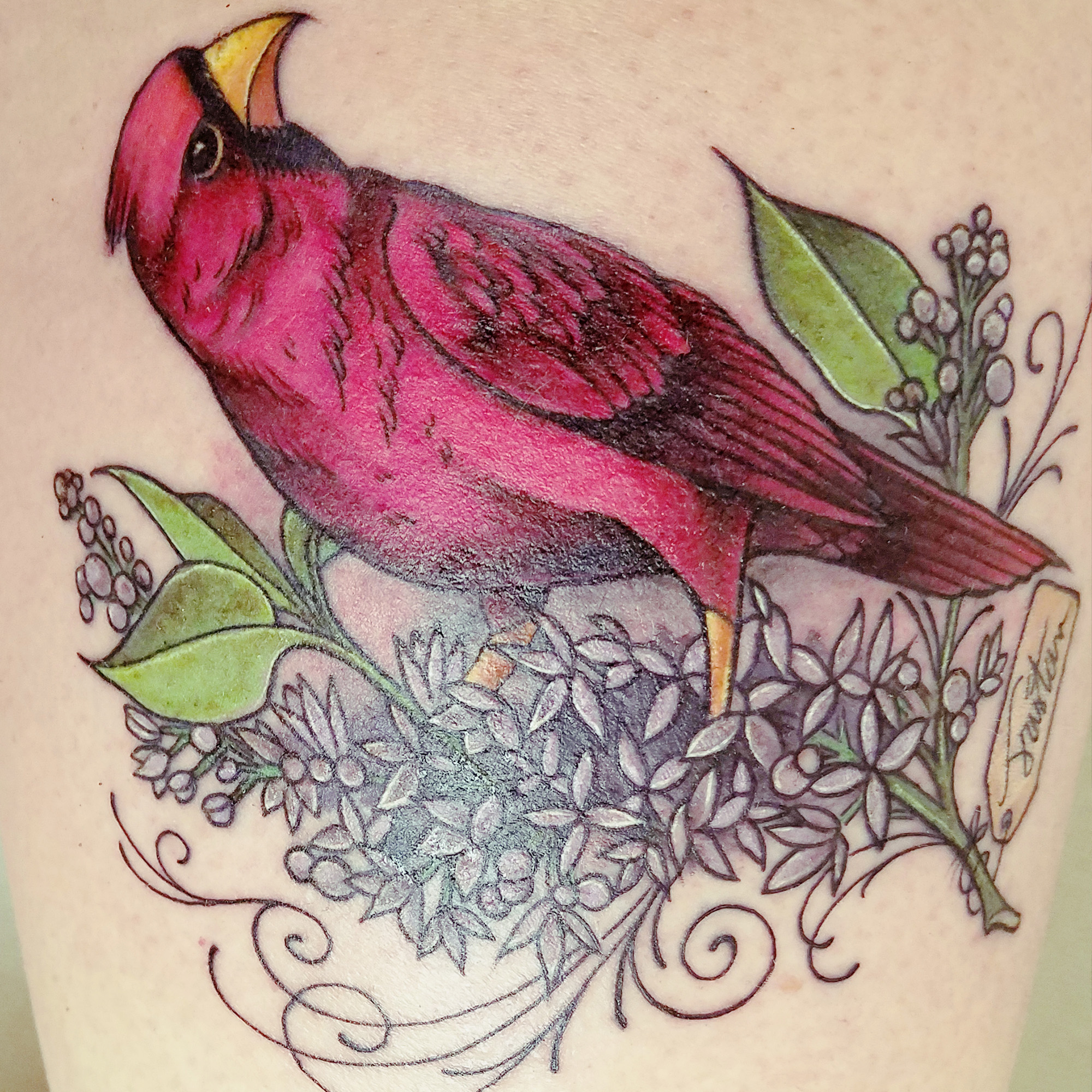 Robin Bethel's tattoo for her son, Marine Sgt. Tristan Bethel  "A cardinal came to me on the top of our lilac tree right before he passed," she said.