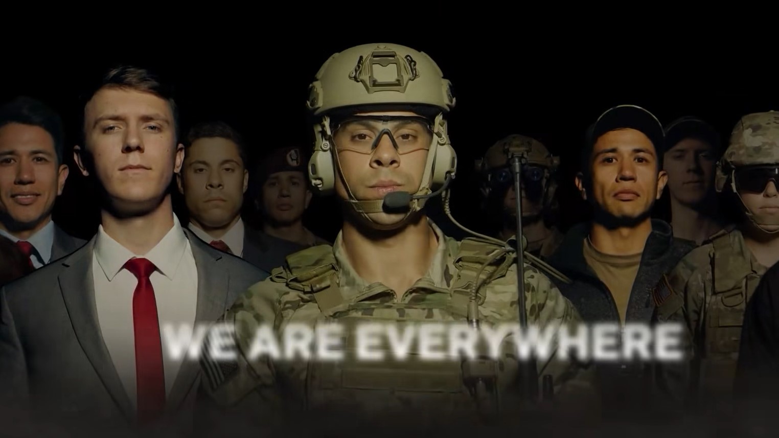 Several men, one in an Army combat uniform, face the camera as the text "we are everywhere" is on the bottom.