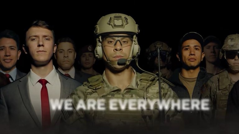 Several men, one in an Army combat uniform, face the camera as the text "we are everywhere" is on the bottom.