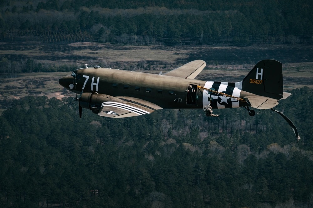 A U.S. Army Ranger assigned to the 75th Ranger Regiment, Fort Moore, Georgia, conducts a validation airborne operation from a C-47 Skytrain in preparation for D-Day 80, March 12, 2024.