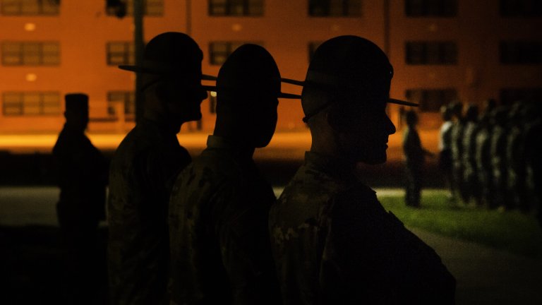 FORT KNOX, Kentucky – U.S. Army Reserve drill sergeants observe apprehensive and disoriented Reserve Officers’ Training Corps cadets experiencing their initial immersion into military order and discipline – also known as “Shark Week” – after a 4 a.m. wake-up call on their first day of Basic Camp at Fort Knox, Kentucky, June 4, 2017. Task Force Wolf utilizes Army Reserve drill sergeants and training experts to develop future commissioned officers, with many of them choosing to serve in the Army Reserve. [U.S. Army photo by Army Capt. Loyal Auterson, U.S. Army Reserve Command-Public Affairs Office // RELEASED //]