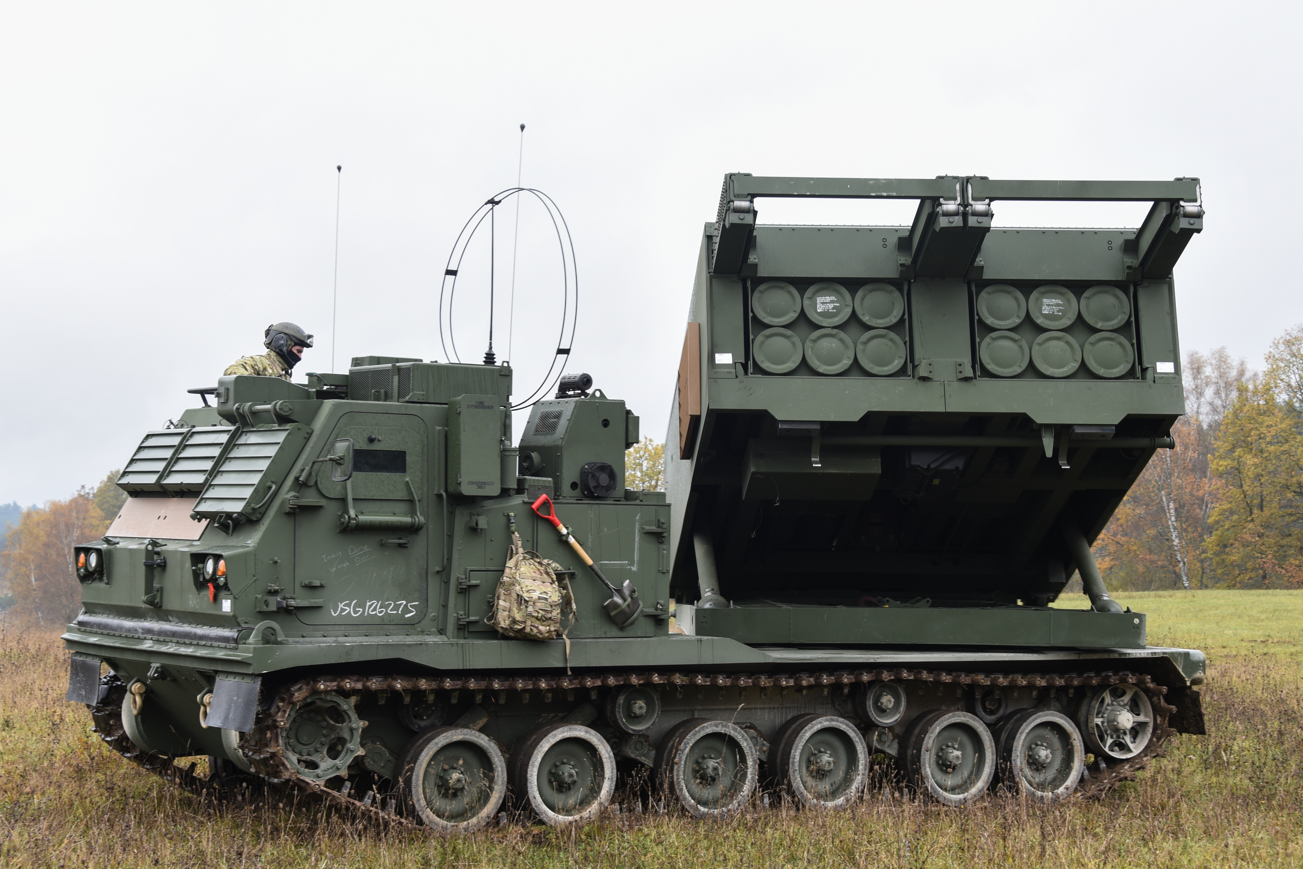 U.S. Soldiers, assigned to 1st Battalion, 6th Field Artillery Regiment, 41st Field Artillery Brigade (FAB), conduct a simulated fire mission operating a M270 Multiple Launch Rocket System during Operation Centaur Forge at the 7th Army Training Command's Grafenwoehr Training Area at Grafenwoehr, Germany, Nov. 6, 2019. The operation’s purpose is to train Soldiers on recently fielded equipment. The 41st FAB continues to build toward full operational capability by providing long-range precision fires within the European Theater. (U.S. Army photo by Markus Rauchenberger)