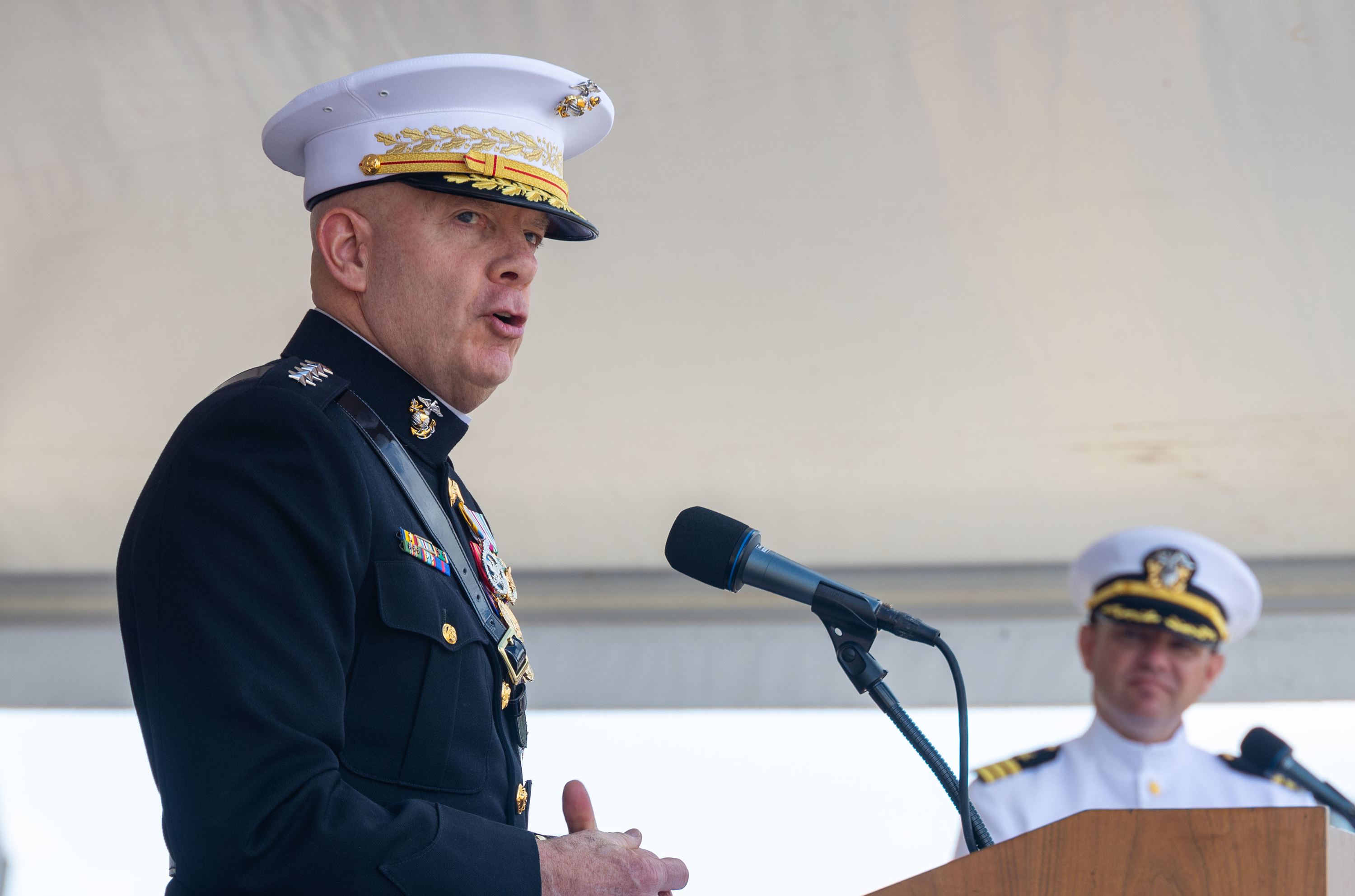 U.S. Marine Corps Gen. David H. Berger, Commandant of the Marine Corps, speaks about the impact Lt. Gen. Frank E. Peterson, Jr. had on the Marine Corps during the commissioning ceremony for the USS Frank E. Petersen Jr. (DDG 121) at the Port of Charleston, South Carolina, May 14, 2022. The ship was named after the Marine Corps’ first African American general and aviator. The ship is the 71st of its class and will be based out of Hawaii, serving in the Pacific Fleet. (U.S. Marine Corps photo by Lance Cpl. Nathan Saucier)