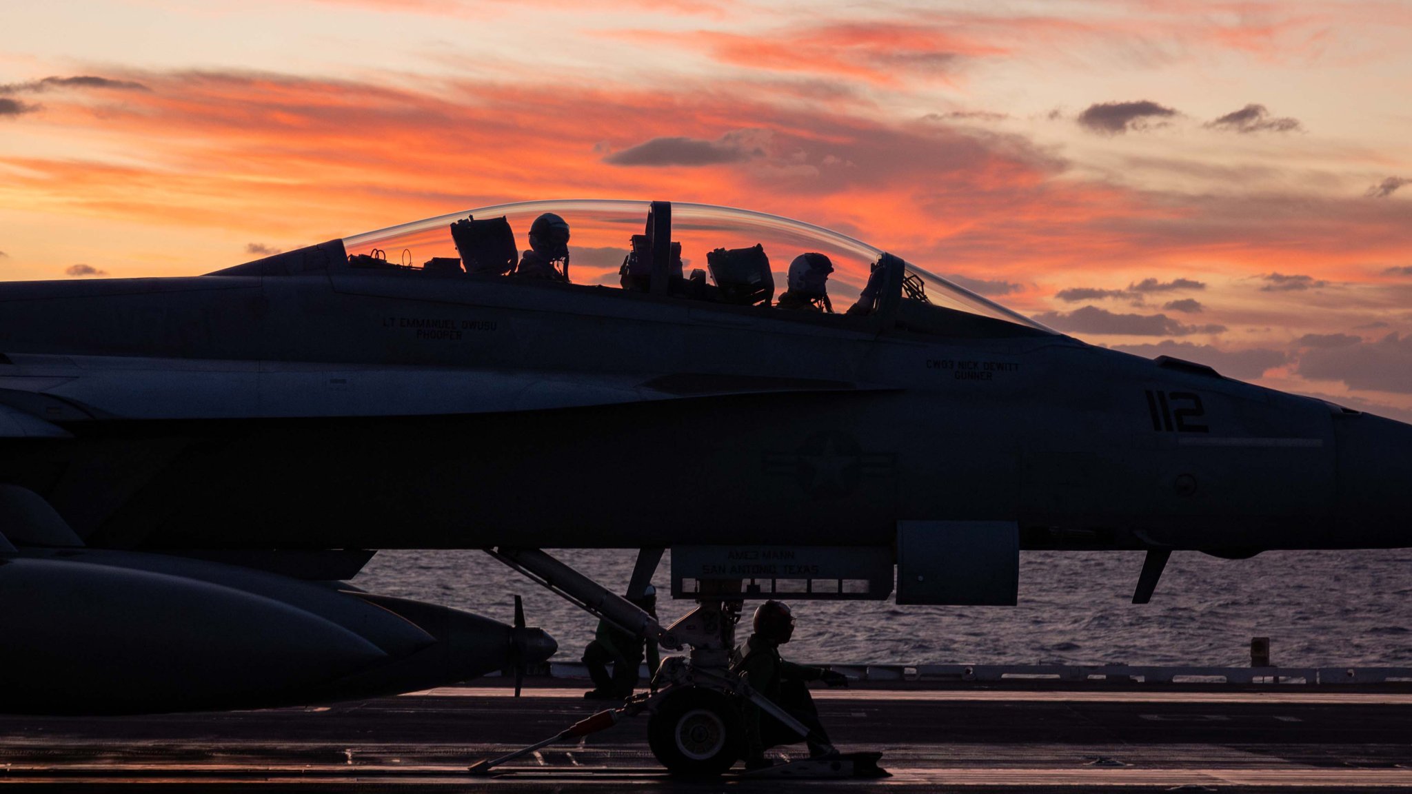 241231-N-TN409-1156 U.S. CENTRAL COMMAND AREA OF RESPONSIBILITY (Dec. 31, 2024) Two U.S. Navy pilots in an F/A-18F Super Hornet, attached to Strike Fighter Squadron (VFA) 11, prepare for launch from the flight deck of the Nimitz-class aircraft carrier USS Harry S. Truman (CVN 75) in the U.S. Central Command area of responsibility. (Official U.S. Navy photo)