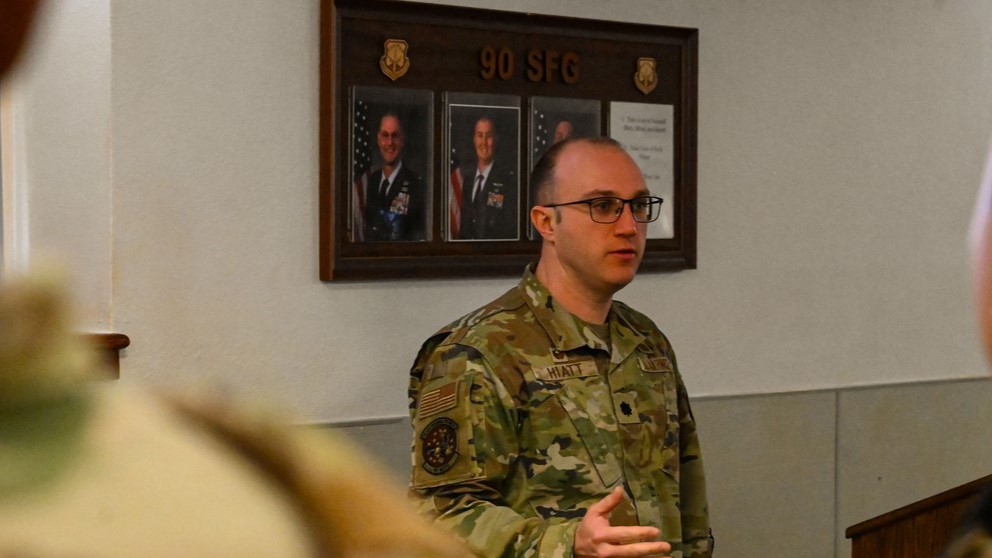Header: Lt. Col. Tyler Hiatt, 90th Missile Security Forces Squadron commander, briefs 90 MSFS Alpha Flight during guard mount before they trip out to the missile field at F.E. Warren Air Force Base, Wyoming, Feb. 13, 2025. 90, 790, and 890 MSFS rotate tripping out to the missile field monthly to reside in a missile alert facility for a week, ensuring the constant security and protection of the Minuteman III - one of the nation’s most powerful strategic assets. Their 24/7/365 vigilance guarantees the Minuteman III weapon system remains secure, operational, and ready at a moment’s notice to uphold the U.S. nuclear deterrence mission. (U.S. Air Force photo by Airman 1st Class Mattison Cole)