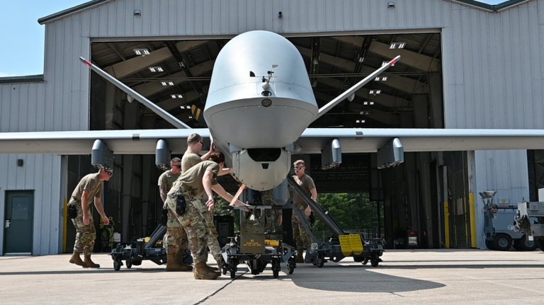 Air National Guard airmen from the 119th Maintenance Squadron prepares an MQ-9 Reaper Unmanned Aerial Vehicle (UAV) for flight during the Northern Strike 2025 exercise at the Alpena, Mich. Combat Regional Training Center, August 2-16, 2025. Northern Strike is one of the Department of Defense’s largest reserve component readiness exercises, is taking place now across Michigan. (U.S. Air National Guard Photo by Sr. Master Sgt. Michael Knodle)