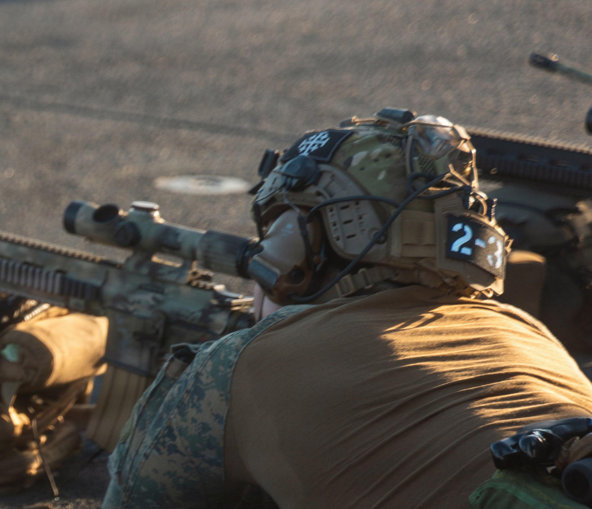 U.S. Marines with Maritime Special Purpose Force, 22nd Marine Expeditionary Unit (Special Operations Capable), engage targets during a deck shoot aboard Wasp-class amphibious assault ship USS Iwo Jima (LHD 7) while underway in the Caribbean Sea, Nov. 22, 2025. U.S. military forces are deployed to the Caribbean in support of the U.S. Southern Command mission, Department of War-directed operations, and the president’s priorities to disrupt illicit drug trafficking and protect the homeland. (U.S. Marine Corps photo)