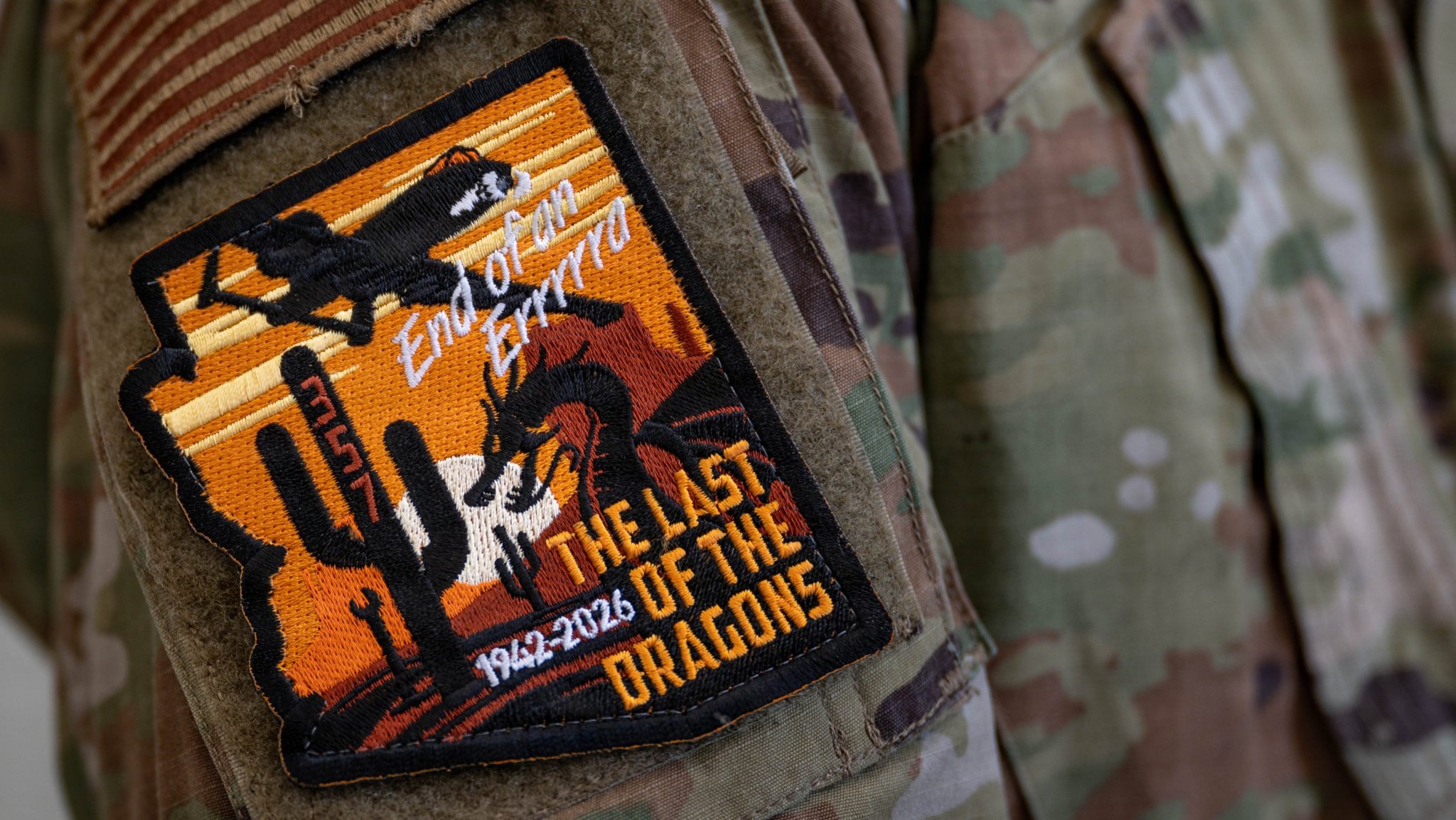 A patch celebrating the legacy of the A-10 mission is worn by a newly appointed dedicated crew chief during the final A-10 dedicated crew chief ceremony at Davis-Monthan Air Force Base, Arizona, Oct. 31, 2025. The 357th Fighter Generation Squadron owns the remaining A-10Cs utilized by the Air Force, and will see their final divestment in late 2026. (U.S. Air Force photo by Tech. Sgt. Ericha Parish)