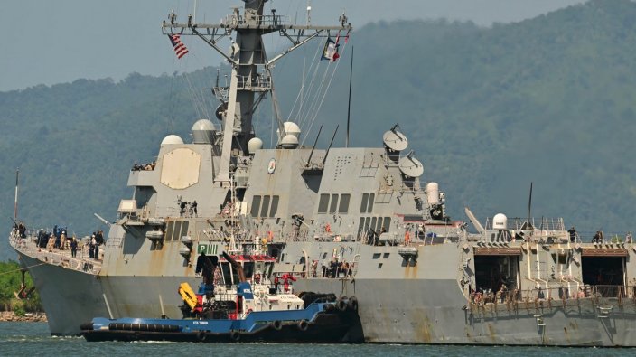 The USS Gravely, a US Navy warship, departs the Port of Port of Spain on October 30, 2025. The US warship arrived in Trinidad and Tobago on October 26, 2025, for joint exercises near the coast of Venezuela, as Washington ratcheted up pressure on drug traffickers and Venezuelan leader Nicolas Maduro. (Photo by MARTIN BERNETTI / AFP via Getty Images)