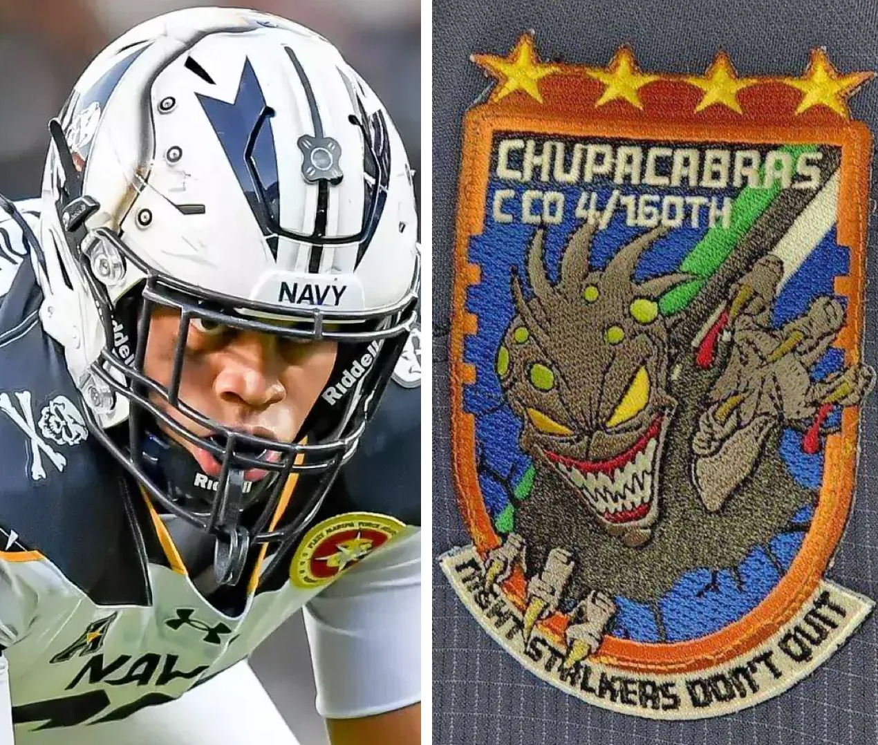 Navy nose tackle Landon Robinson will honor Army pilot Andrew Kraus by wearing the unit patch of the 4th Battalion 160th Special Operations Aviation Regiment, center, during the Army-Navy Game.