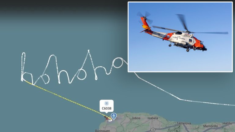 A screenshot showing the flight path of a Coast Guard MH-60T Jayhawk, alongside a photo of the aircraft.