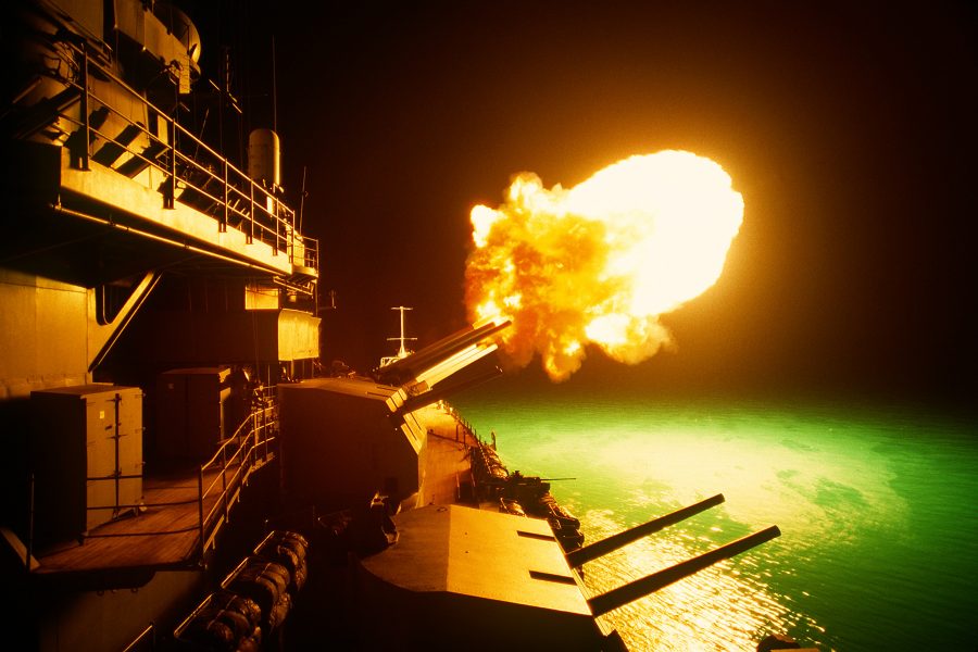 USS Missouri firing at Iraqi positions, Feb. 6, 1991.