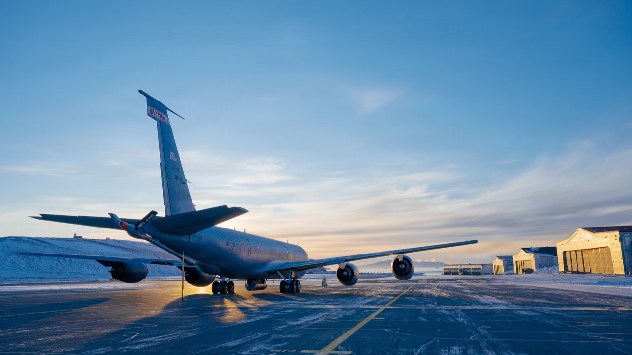 A KC-135 Stratotanker from the Wisconsin Air National Guard sits on the tarmac at Pituffik Space Force Base, Greenland, Greenland, Oct. 7, 2025. Operating in the Arctic provides the flexibility and adaptability needed to overcome logistical hurdles in a dynamic and unforgiving environment. Greenland as part of the Kingdom of Denmark has long played an important role in the defense of North America, which strengthens NORAD's ability to protect the continent from today’s threats and emerging challenges from all approaches. (U.S. Air Force photo by Senior Airman Erica Paculan)